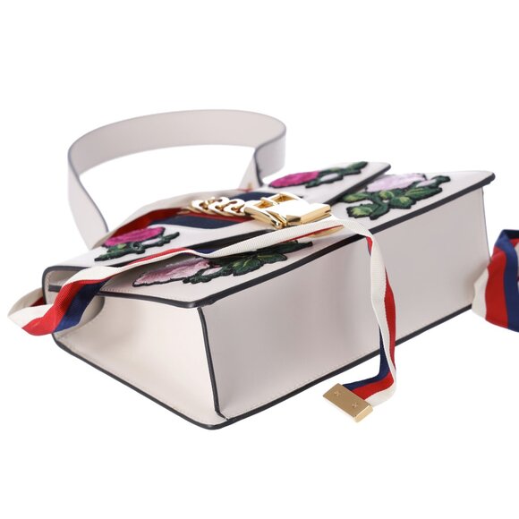 GUCCI Sylvie Shoulder Bag 421882 White Pink Multi Leather Floral Embroidery - Picture 9 of 10